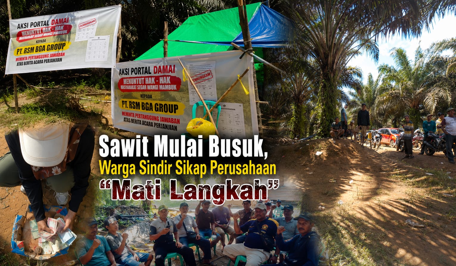 Foto : portal masyarakat mambuk,bambu runcing,tepak sirih,dan ibu-ibu mengumpulkan donasi serta pohon sawit di sekitar portal warga /Dokumentasi media/Istimewa disusun oleh AI Infused