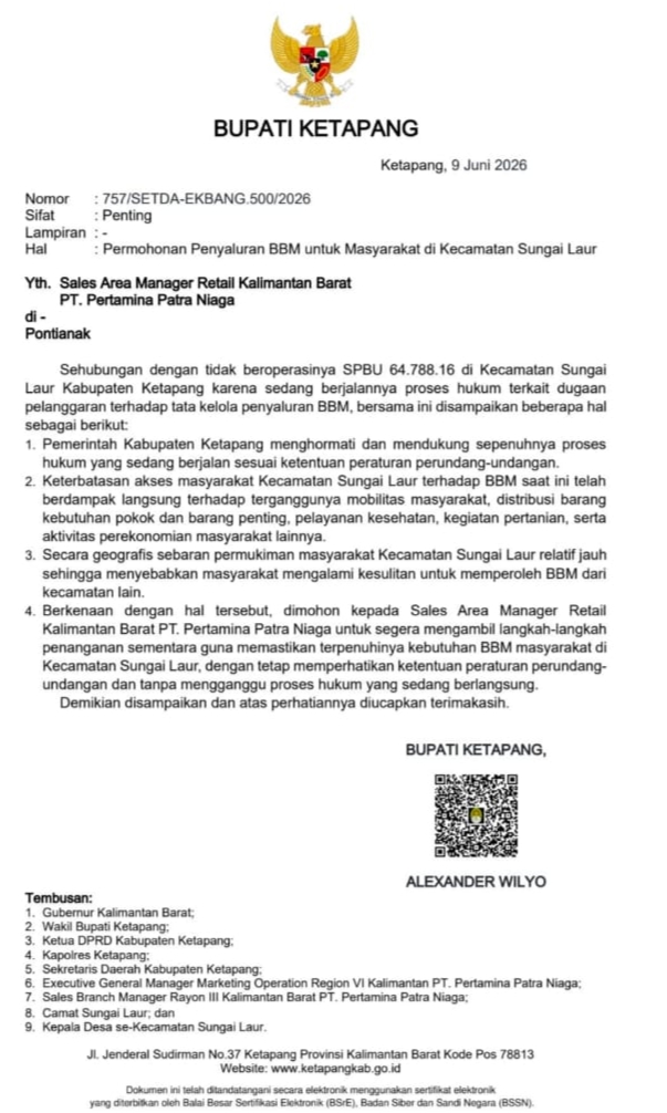 Surat Bupati Ketapang terkait SPBU sungai laur