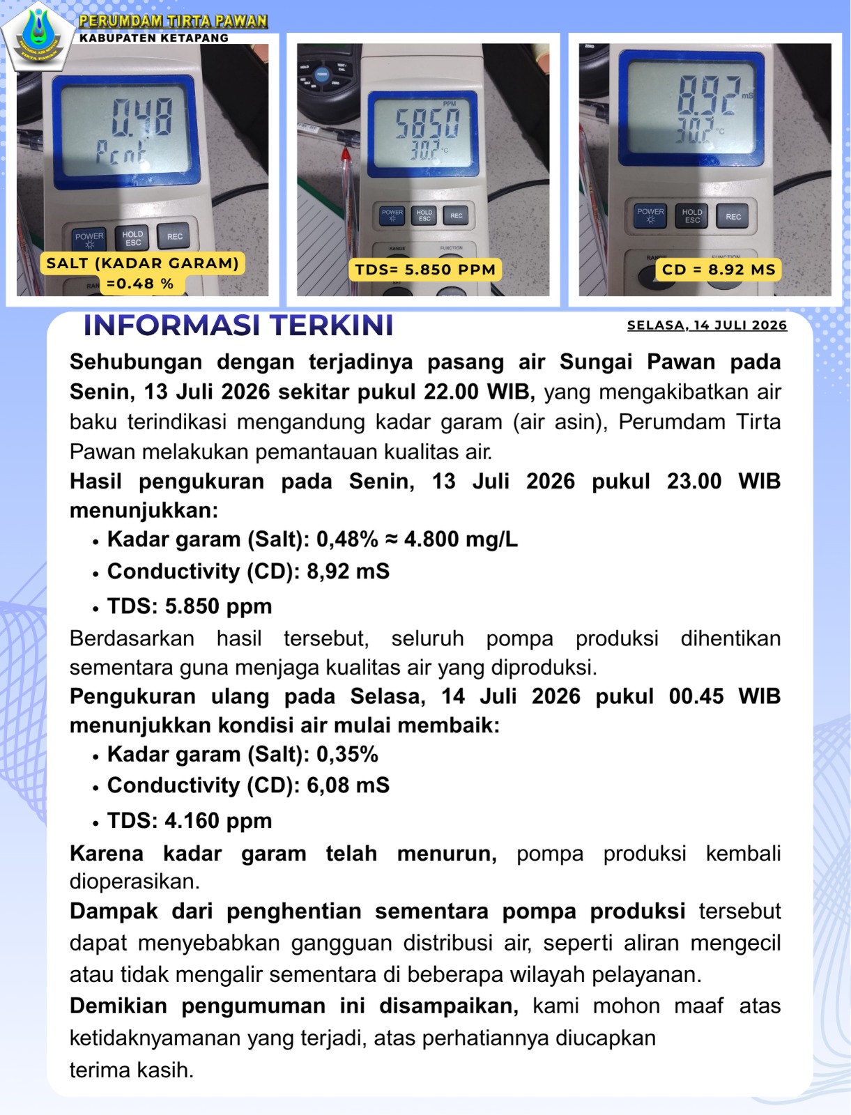 Intrusi Air Laut pada air baku sungai Pawan,PDAM Ketapang sempat ganggu produksi