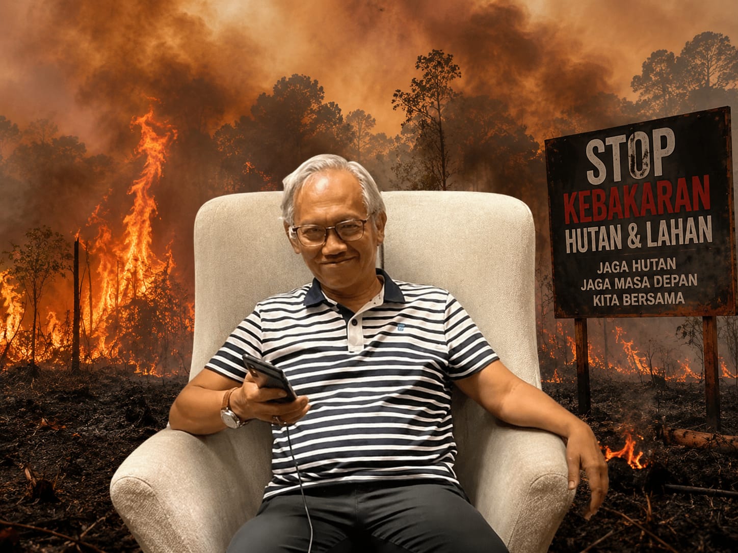 Foto : Herman Hofi Munawar, Pengamat Kebijakan Publik /latar belakang ilustrasi karhutla (karya AI Generatif)