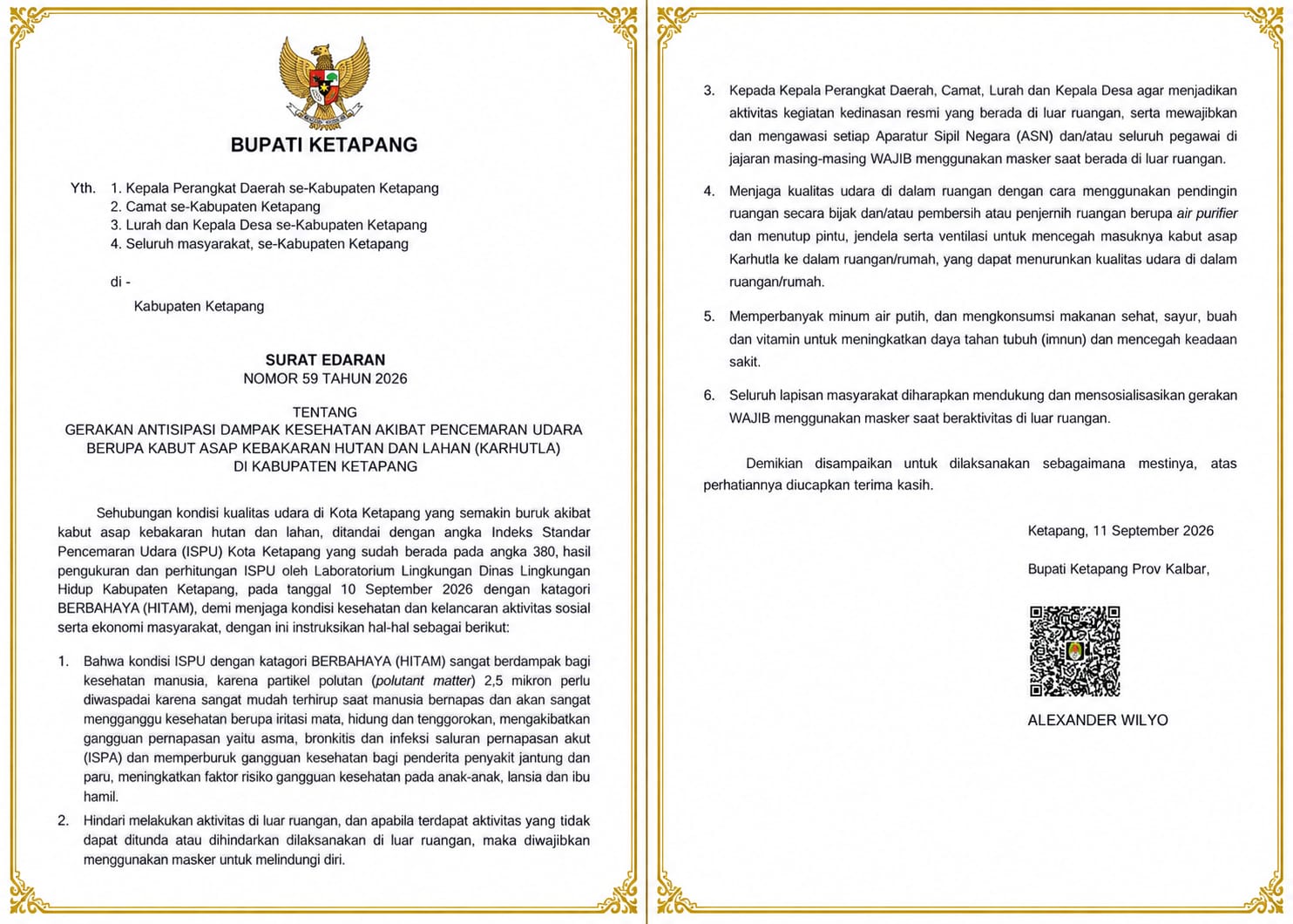 Surat edaran bupati Ketapang terkait kabut asap dan karhutla