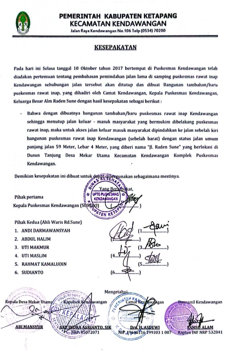 kesepakatan yang dibuat pada 10 Oktober 2017, tentang penggunaan lahan tersebut sebagai akses bagi masyarakat