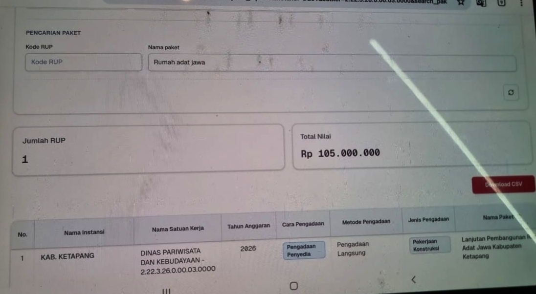 Data INAPROC pada Dinas Pariwisata dan Kebudayaan Kabupaten Ketapang tahun anggaran 2026
